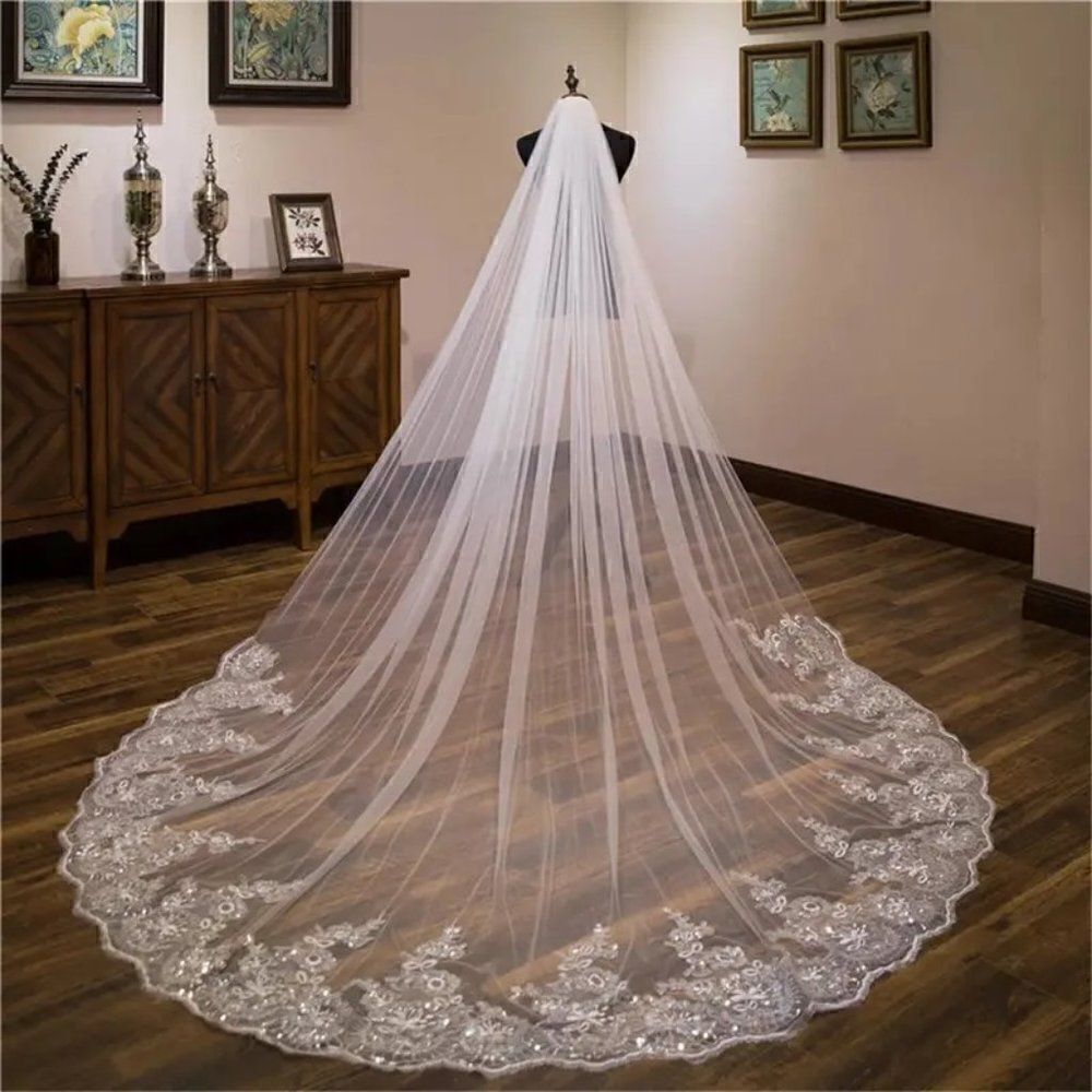 Floral and Sequin Cathedral Bridal Wedding Veil With Comb Ivory Veil White Veil - Picture 3 of 8
